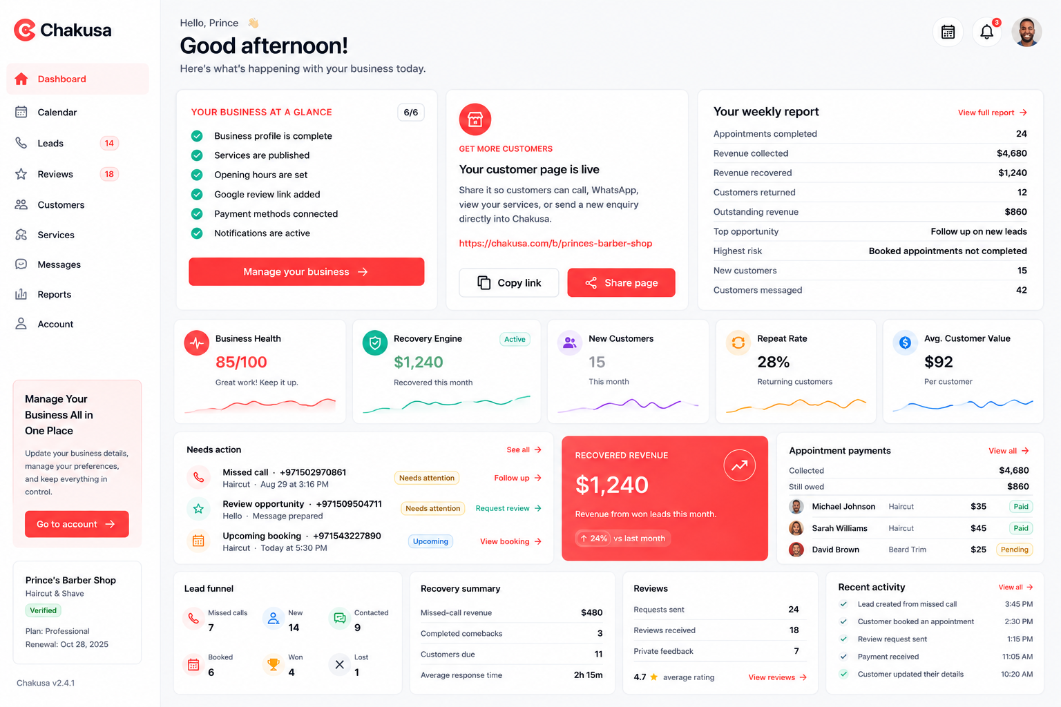Chakusa Business dashboard and recent activity