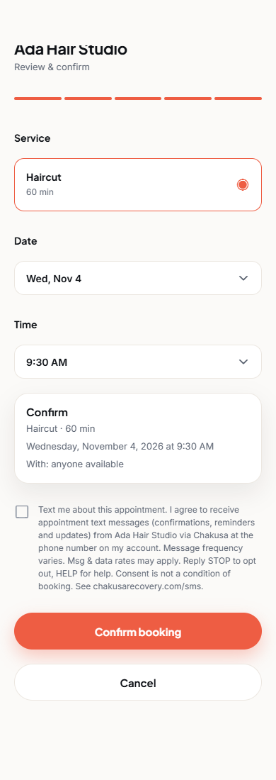 The Chakusa app's Review and confirm booking step for an example business, Ada Hair Studio. Below the booking summary is an unticked checkbox reading: Text me about this appointment. I agree to receive appointment text messages (confirmations, reminders and updates) from Ada Hair Studio via Chakusa at the phone number on my account. Message frequency varies. Msg and data rates may apply. Reply STOP to opt out, HELP for help. Consent is not a condition of booking. See chakusarecovery.com/sms. Below it is the Confirm booking button.